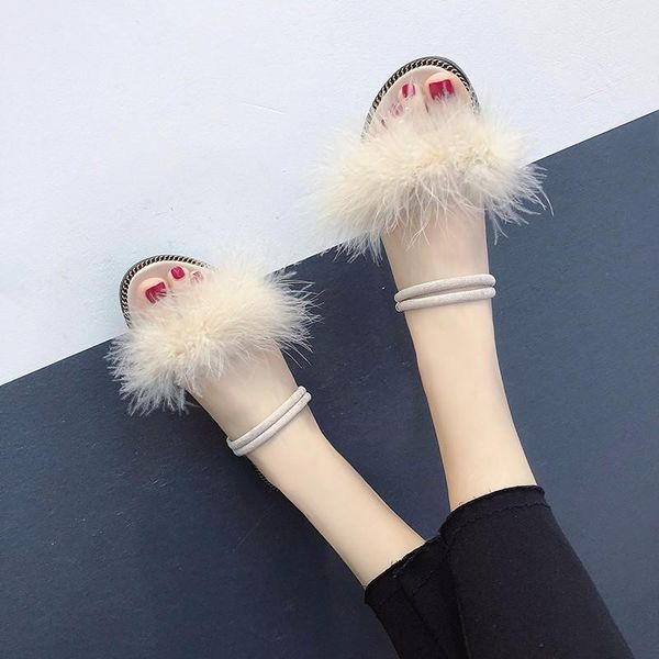 

sandals beige flat fur women 2021 summer shoes fashion wild students riband slip-on ladies female, Black