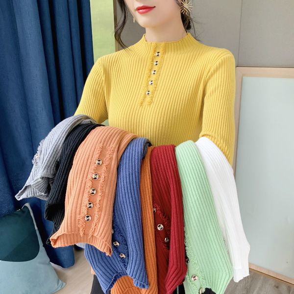 

autumn button half turtleneck women sweaters new casual pullover long sleeve knitted bottoming female slim jumper plus size 210412, White;black