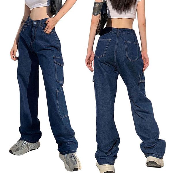 

women's pants & capris arrival stylish women casual loose style jeans, solid color high waist wide-leg with big pockets, white/ blue/ b, Black;white