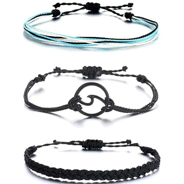 

creative wax thread braided 3-piece wave twist bracelet summer bohemian multi-layer bracelet set, Golden;silver