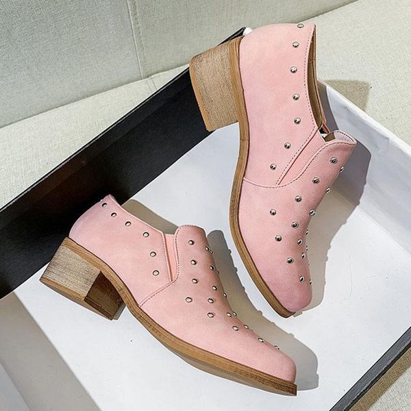 

round toe mid heels women 2021 spring rivet single shoes woman pu leather shoe square heel female europe and america style dress, Black