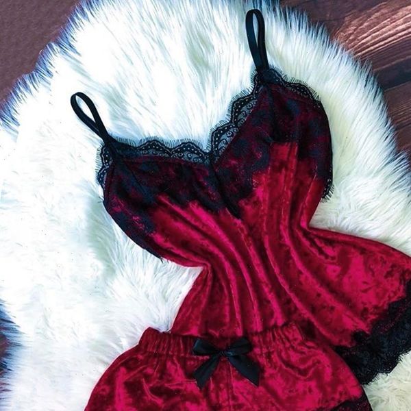 

pajamas red lingerie womens sleepwears camisole bow shorts v neck velvet sleepwear multicolor pyjama bralette, Black;red