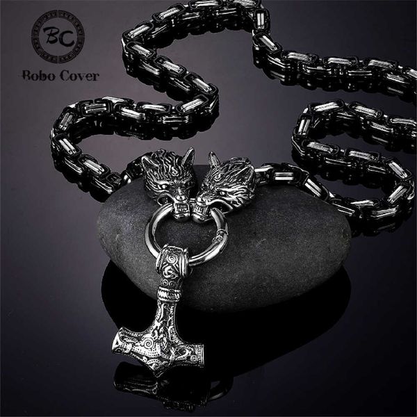 Punk nordico Celtico Testa di lupo Uomo Collane Mjolnir Vichingo Vegvisir Amuleto Pendente di ancoraggio Mix Nero StainlSteel Catena di gioielli X0707