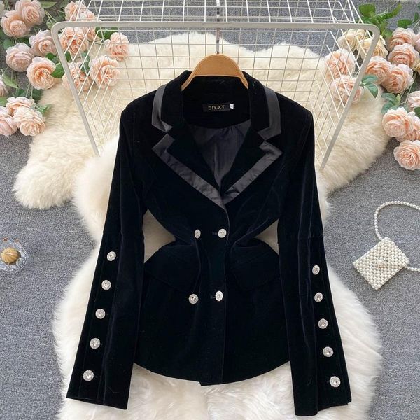 

women's jackets autumn winter korean retro temperament blouse velvet waist double-breasted suit thick coat kk1369, Black;brown