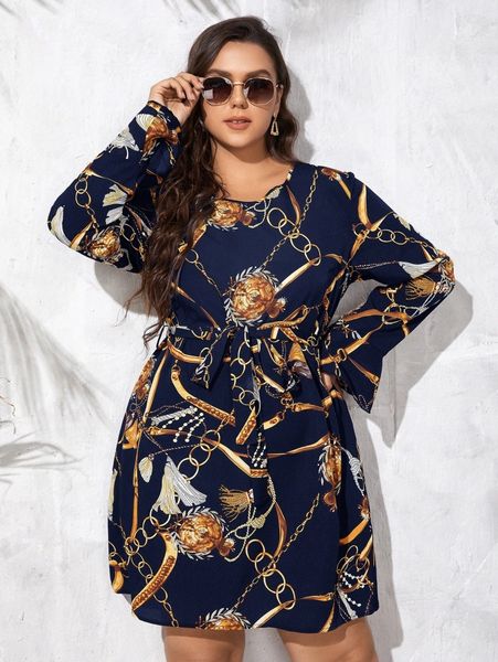 

plus chain print flounce sleeve belted dress a5u7#, Black