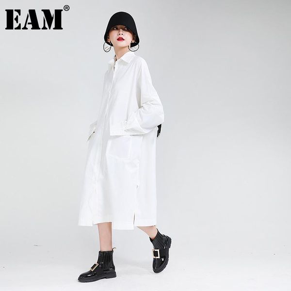 

casual dresses [eam] women white drawstring big size long dress lapel sleeve loose fit fashion tide spring autumn 2021 1z867, Black;gray