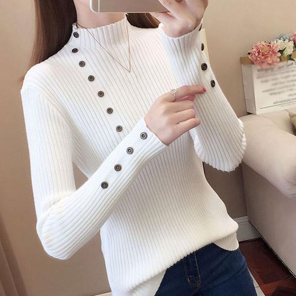 

women's sweaters women turtleneck autumn knitted slim female cotton soft elastic pullovers button full sleeve warm top, White;black