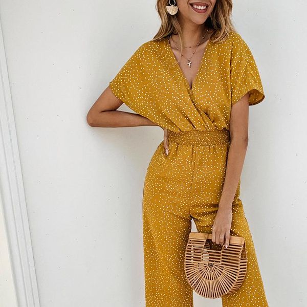 

summer womens rompers women jumpsuits casual polka dot print v neck pocket overalls jumpsuit short sleeve wide leg loose, Black;white