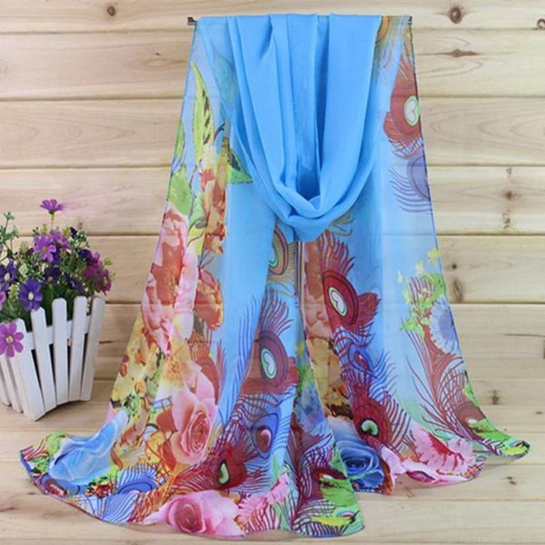

scarves y25 bird feather print chiffon fashion lady women floral prints shawl light autumn scarf bufanda de seda, Blue;gray