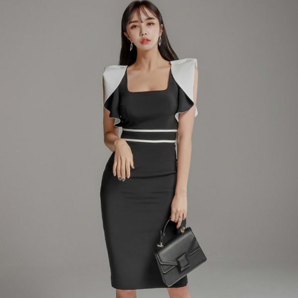 

spring women cloth square collar high waist black pencil bodycon party vestidos knee-length female dresses, Black;gray