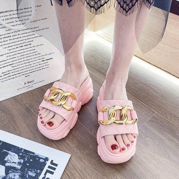 

slippers platform sandals women metal chain thick sole chunky slides summer casual beach zapatos mujer, Black