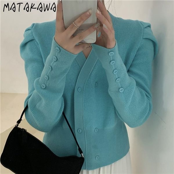 Matakawa outono elegante mulher suéteres crochet duplo breasted spruff manga tops em v-pescoço de malha casaco curto 210513
