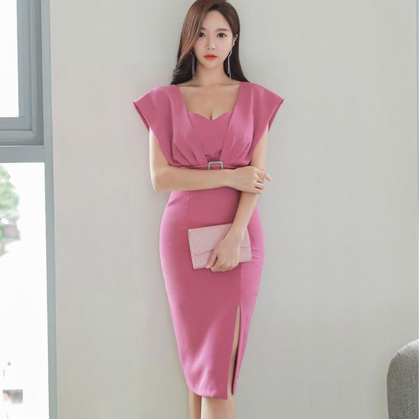 

casual dresses split knee-length bodycon dress women summer office work sheath pencil sleeveless v-neck party vestidos ta7247, Black;gray