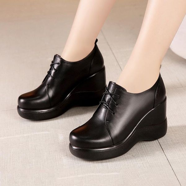 

dress shoes wedges shoe women's autumn spring black lace up platform round head large size 41 42 43