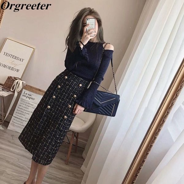 

french style vintage tweed skirt and knitting pullovers 2 piece set off shoulder flare sleeve bodycon long 210525, White