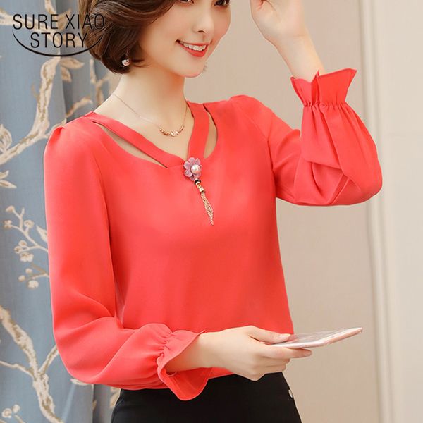 

korean chiffon bottom shirt long sleeve temperament women spring and autumn plus size pink v-neck clothes 8405 50 210417, White