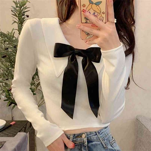 

fashion bowknot long sleeve t-shirt spring polo collar short slim all-match casual sale 210520, White