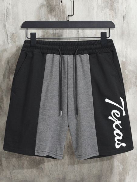 

men letter graphic colorblock drawstring waist shorts m4ah#, Black
