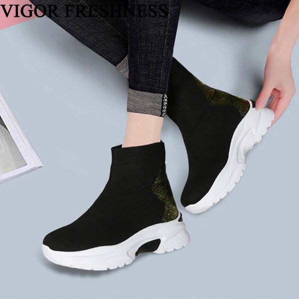 

boots vigor freshness woman ankle women shoes elastic sneakers spring sock motorcycle ladies autumn wy622, Black