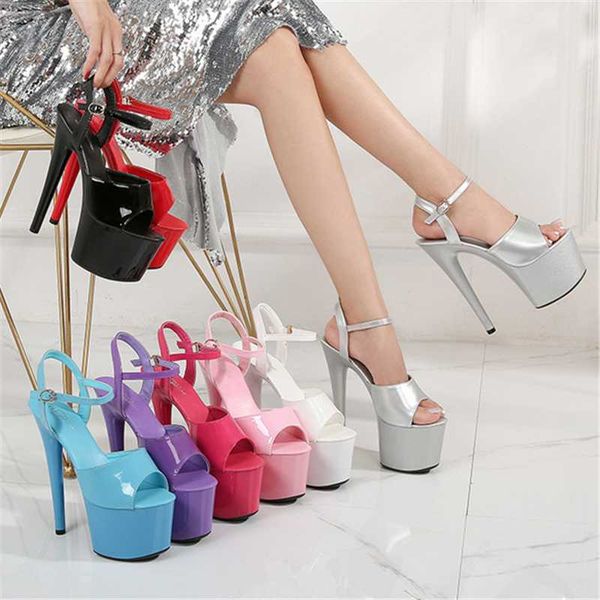 

summer 16.5cm pvc one word strap buckles sandals women multicolour super high heels platform shoes female non-slip pumps dress, Black