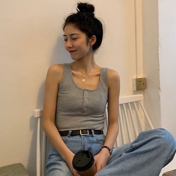 

matakawa solid color sleeveless outer wear camisole female summer crop hong kong style korean tank slim short base camis 210513, White