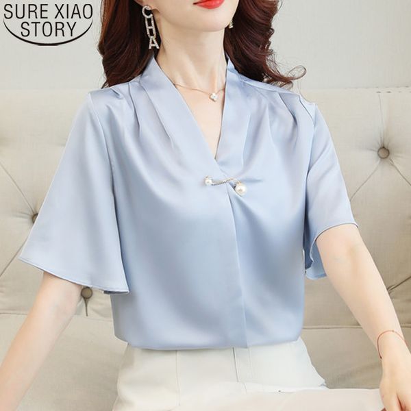 

flare sleeve v-neck solid womens and summer women blouses shirts ol style short beading woman clothes 9184 50 210417, White