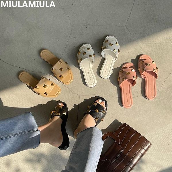 

summer fashion luxury rivet decoration flat leather slippers brand designer socofy slip on loafers mules flip flops casual, Black