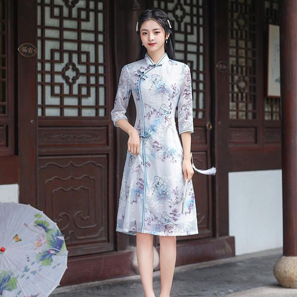 

ethnic clothing fzslcyiyi applique half sleeve chiffon aodai qipao chinese traditional mandarin collar split cheongsam dress oversize 4, Red