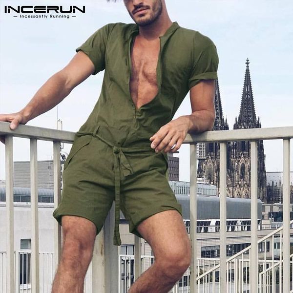 

men's shorts 2021 men rompers v neck short sleeve zipper solid casual jumpsuits with belt pockets streetwear fashion overalls incerun s, White;black
