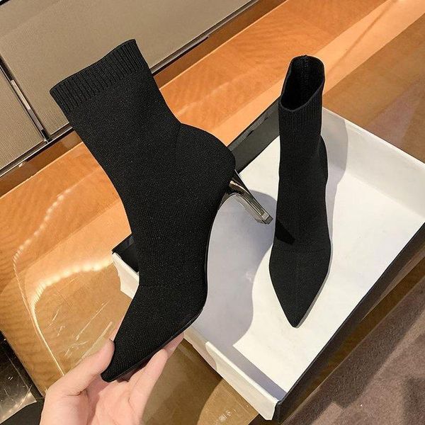 

boots stretch knit women's autumn winter pointed toe thick with middle tube thin high-heeled ankle, Black