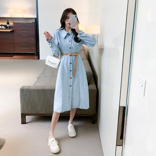 

casual dresses denim dress 2021 autumn style retro gentle wind waist slim shirt skirt fashionable women's clothing, Black;gray