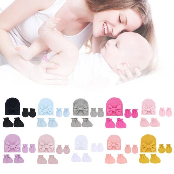 

children's mittens baby bowknot hat no scratch gloves foot cover set infants soft cotton beanies socks kit for born todddles, White