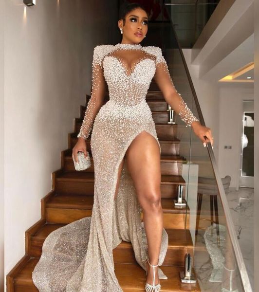 

evening celebrity dress women silver crystal high neck long sleeve mermaid pearls split back lace up robe de soirÃ©e mariage, White;pink