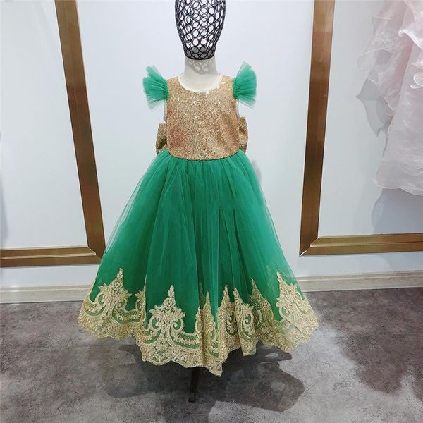 

girl's dresses custom flower girl dress for wedding green tulle gold lace sequined princess party girls pageant birthday gowns, Red;yellow