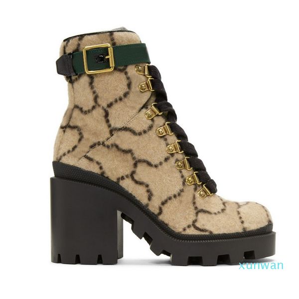 

high heeled martin boots autumn winter coarse heel designer women shoes suede desert boot 100% real leather letter lace up fashion lady heel, Black