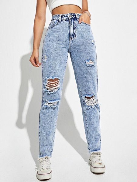 

ripped high waist jeans l5l4#, Blue