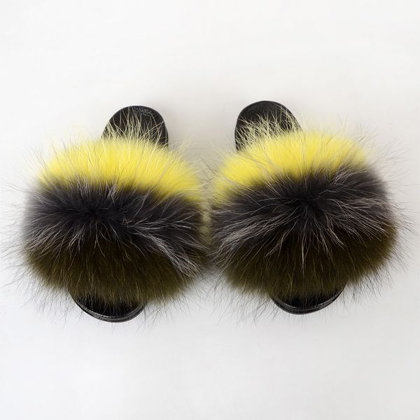 

custom made winter slippers more fluffy real raccoon fur slides slippers for women, Black
