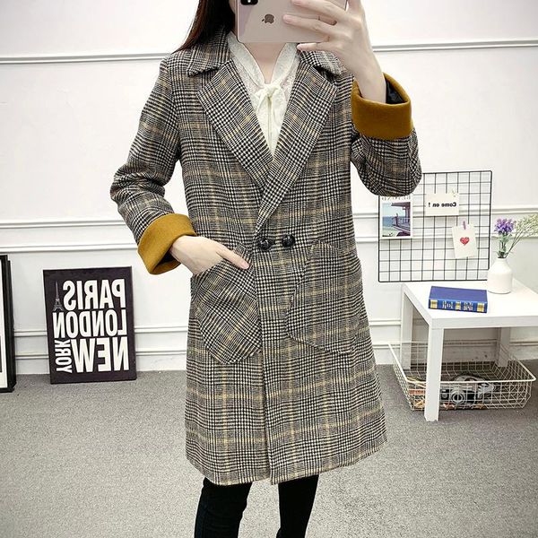 

women's wool & blends slim plaid woolen coat in the long show thin woman, Black