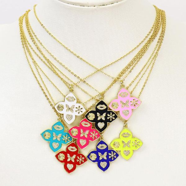 

pendant necklaces 6pcs enamel flower zirconia charms necklace gold color jewelry design 51825, Silver