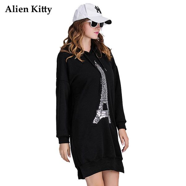

women's hoodies & sweatshirts alien kitty casual sequins patchwork long hoody ladies thick 2021 plus cashmere hoodie sweatshirt cotton, Black