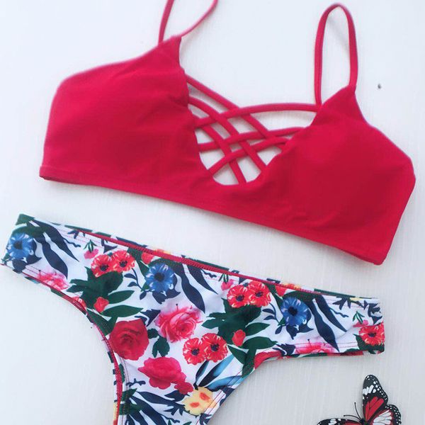 

bikini new solid color swimsuit printed suspender split, White;black