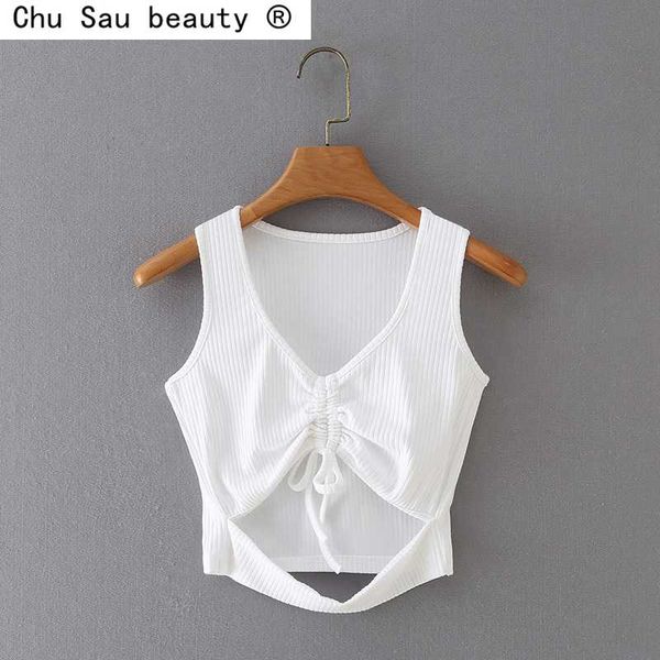 

summer v-neck low-cut knotted knitted vest women 2021 white fashion slimming slanting shoulders crop tank women's tanks & camis