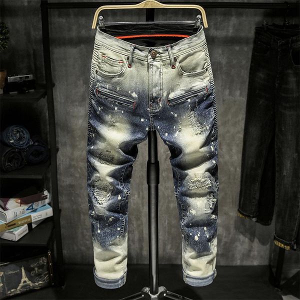 

men's biker jeans slim fit straight denim pants distressed trousers, Blue