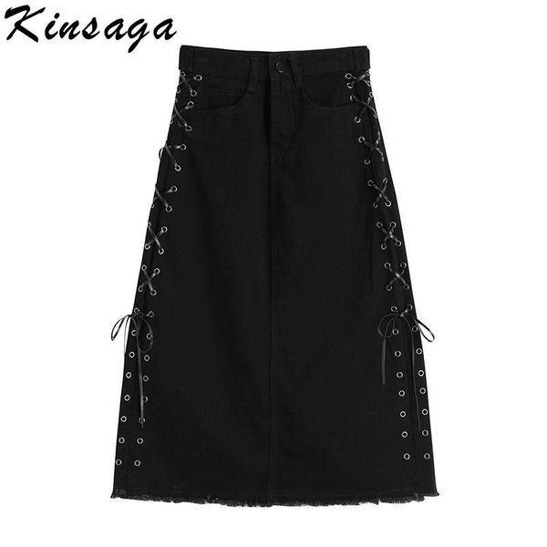 

black mall goth bandage denim skirts women indie aesthetic back split midi long jeans streetwear punk lace up skirt