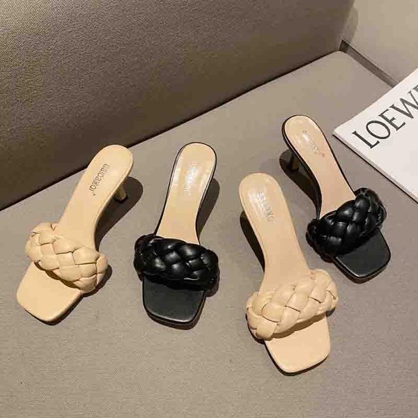 

slippers design weave women slipper ladies thin high heel sandal open toe slip on summer shoes outdoor slides flip flop, Black