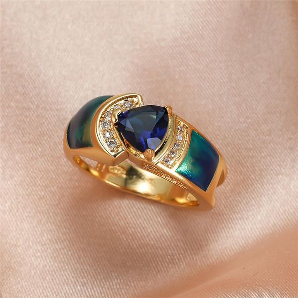 

blue crystal zircon ring cute triangle stone rings for women men wedding jewelry vintage fashion yellow gold fire opal, Slivery;golden