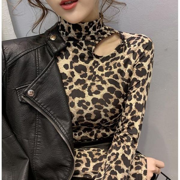 

women's t-shirt woman tshirts high elastic long sleeve female 2021 leopard print turtleneck mujer camisetas, White