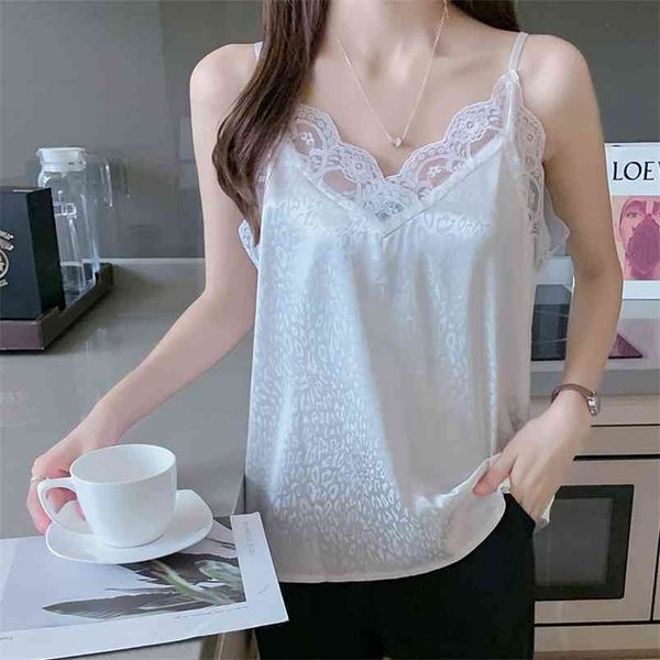 

wwenn v neck basic blusas summer silk tank casual womens vest lace camisole plus size female shirt women 210507, White