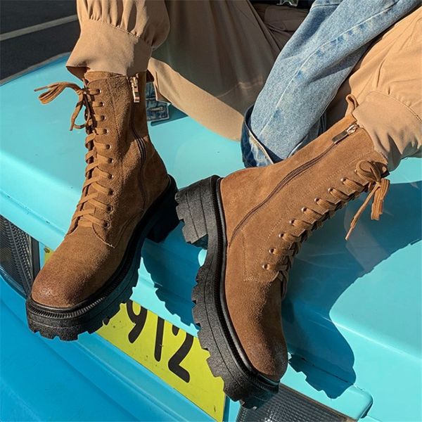 

winter women boots simple and versatile retro tooling with zipper lace up chunky heel platform 210507, Black