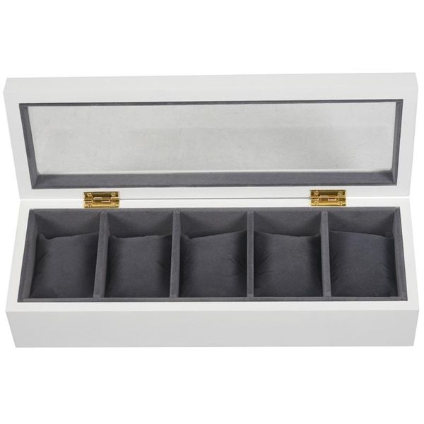 

white wooden 5 slot watch box black flannel small pillow pad display storage boxes & cases, Black;blue